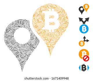 Line Mosaic based on Bitcoin map markers icon. Mosaic vector Bitcoin map markers is created with random line items. Bonus icons are added.