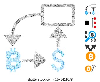 Line Mosaic based on Bitcoin dollar flow chart icon. Mosaic vector Bitcoin dollar flow chart is designed with random line dots. Bonus icons are added.