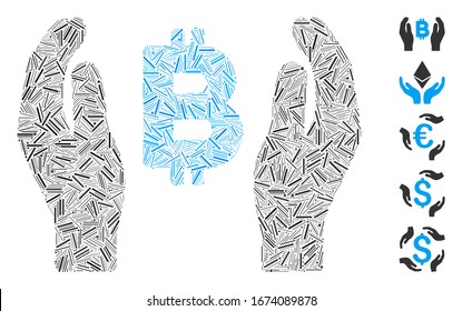 Line Mosaic based on Bitcoin care hands icon. Mosaic vector Bitcoin care hands is created with random line elements. Bonus icons are added.