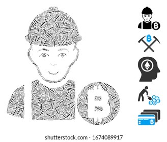Line Mosaic based on Bitcoin miner icon. Mosaic vector Bitcoin miner is created with randomized line elements. Bonus icons are added.