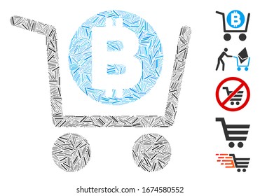 Line Mosaic based on Bitcoin shopping cart icon. Mosaic vector Bitcoin shopping cart is created with randomized line spots. Bonus icons are added.