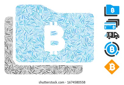 Mosaico de línea basado en el icono de bolsa de Bitcoin. El maletín de Bitcoin vector mosaico se forma con puntos de línea aleatorios. Se agregan iconos de bonificación.