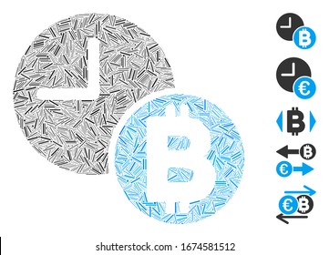 Line Mosaic based on Bitcoin credit clock icon. Mosaic vector Bitcoin credit clock is designed with random hatch elements. Bonus icons are added.