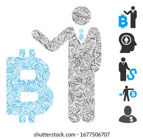 Line Mosaic based on Bitcoin banker icon. Mosaic vector Bitcoin banker is created with scattered line elements. Bonus icons are added.