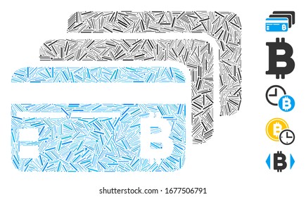 Line Mosaic based on Bitcoin banking cards icon. Mosaic vector Bitcoin banking cards is designed with randomized line spots. Bonus icons are added.