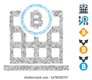 Mosaico de línea basado en el icono de construcción de corporaciones Bitcoin. Vector mosaico La construcción corporativa Bitcoin está compuesta por puntos de línea dispersos. Se agregan iconos de bonificación.