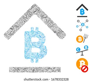 Line Mosaic based on Bitcoin bank roof icon. Mosaic vector Bitcoin bank roof is formed with scattered line items. Bonus icons are added.