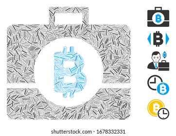 Mosaico de línea basado en el icono del caso de negocios Bitcoin. El argumento de Bitcoin vector mosaico está diseñado con elementos de rayas aleatorias. Se agregan iconos de bonificación.