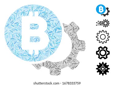 Line Mosaic based on Bitcoin options gear icon. Mosaic vector Bitcoin options gear is created with randomized line items. Bonus icons are added.
