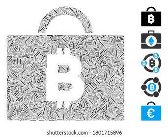 Line Mosaic based on Bitcoin accounting case icon. Mosaic vector Bitcoin accounting case is composed with scattered line items. Bonus icons are added.