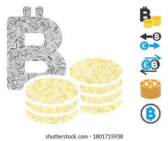 Line Mosaic based on Bitcoin coins icon. Mosaic vector Bitcoin coins is created with randomized line elements. Bonus icons are added.