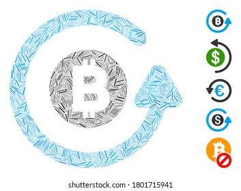 Line Mosaic based on Bitcoin chargeback icon. Mosaic vector Bitcoin chargeback is created with randomized line spots. Bonus icons are added.