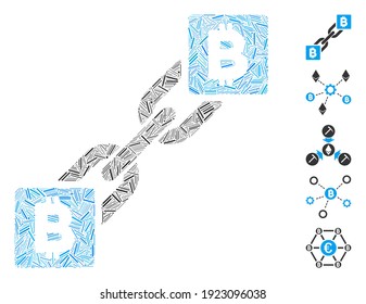 Line Mosaic based on Bitcoin blockchain icon. Mosaic vector Bitcoin blockchain is composed with scattered line spots. Bonus icons are added.