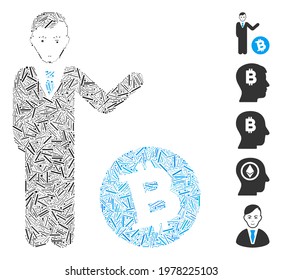 Line Mosaic based on Bitcoin businessman icon. Mosaic vector Bitcoin businessman is created with randomized line dots. Bonus icons are added.