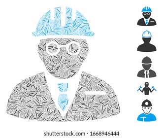 Mosaico de línea basado en icono de ingeniero ciego. El ingeniero ciego vectorial mosaico está diseñado con puntos de línea aleatorizados. Se agregan iconos de bonificación.
