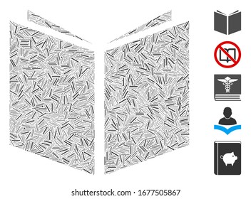 Line Mosaic basierend auf Buchsymbol. Das Mosaik Vektorillustration Buch ist mit randomisierten Linienelementen gestaltet. Bonussymbole werden hinzugefügt.