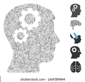 Line Mosaic based on brain gears icon. Mosaic vector brain gears is formed with randomized line spots. Bonus icons are added.