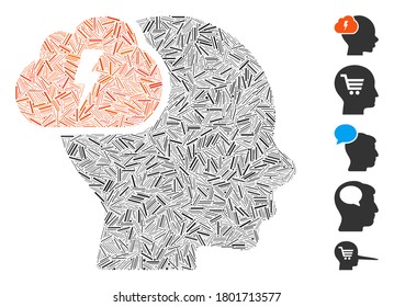 Line Mosaic based on brainstorm icon. Mosaic vector brainstorm is formed with randomized line dots. Bonus icons are added.
