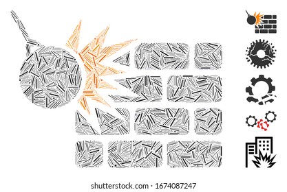 Line Mosaic based on brick wall destruction icon. Mosaic vector brick wall destruction is designed with scattered line elements. Bonus icons are added.