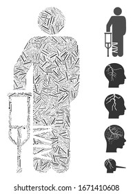 Line Mosaic based on broken leg patient icon. Mosaic vector broken leg patient is formed with randomized line spots. Bonus icons are added.