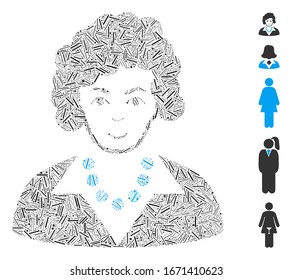 Line Mosaic based on brunette lady icon. Mosaic vector brunette lady is designed with random line items. Bonus icons are added.