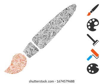 Linie Mosaik basierend auf dem Pinselsymbol. Die Mosaik Vektorillustration Pinsel ist mit zufälligen Linien entworfen. Bonussymbole werden hinzugefügt.