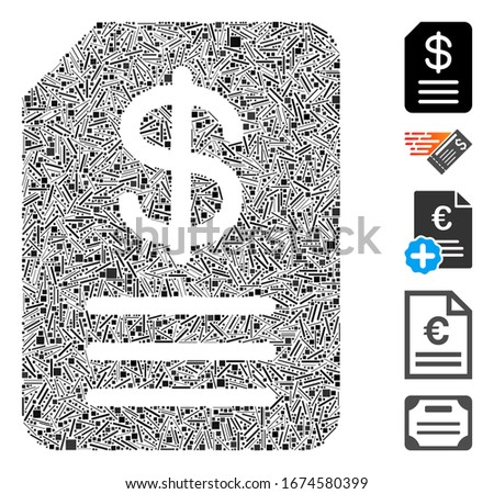 Line Mosaic based on budget invoice icon. Mosaic vector budget invoice is composed with randomized line items. Bonus icons are added.