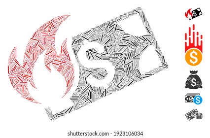 Line Mosaic auf der Grundlage der Verbrennen Dollar-Banknote Symbol. Mosaik Vektor brennen Dollar-Banknote wird mit randomisierten Linien-Elemente erstellt. Bonussymbole werden hinzugefügt.