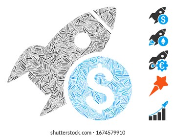 Line Mosaic based on business startup rocket icon. Mosaic vector business startup rocket is formed with random line spots. Bonus icons are added.