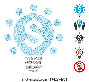 Line Mosaic based on business patent bulb icon. Mosaic vector business patent bulb is composed with random line spots. Bonus icons are added.