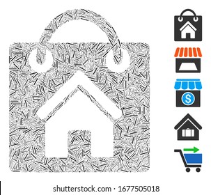 Mosaico de línea basado en el icono de compra de casa. El vector mosaico de compra casa está diseñado con artículos de línea aleatorizados. Se agregan iconos de bonificación.