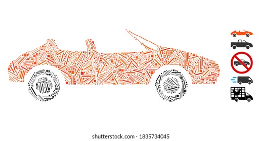 Mosaico de línea basado en el icono de cabriolet. El cabriolet vector mosaico se crea con elementos de línea dispersos. Se agregan iconos de bonificación.