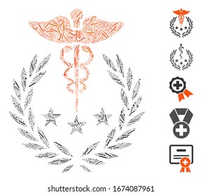 Line Mosaic based on caduceus logo icon. Mosaic vector caduceus logo is designed with randomized line spots. Bonus icons are added.
