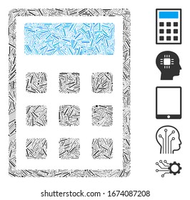 Line Mosaic based on calculator icon. Mosaic vector calculator is designed with random line items. Bonus icons are added.