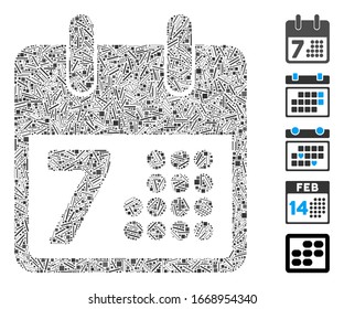 Line Mosaic based on calendar icon. Mosaic vector calendar is created with scattered line dots. Bonus icons are added.