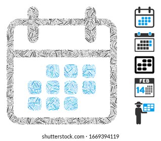 Line Mosaic based on calendar month icon. Mosaic vector calendar month is created with random hatch spots. Bonus icons are added.