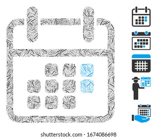 Line Mosaic based on calendar weekend icon. Mosaic vector calendar weekend is created with randomized line spots. Bonus icons are added.