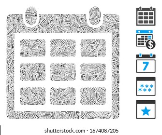 Mosaico de línea basado en el icono del calendario. El calendario vectorial mosaico está diseñado con elementos de línea dispersos. Se agregan iconos de bonificación.
