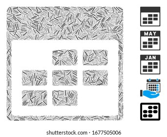 Line Mosaic based on calendar month grid icon. Mosaic vector calendar month grid is composed with random line items. Bonus icons are added.