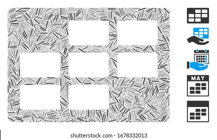 Line Mosaic based on calendar table icon. Mosaic vector calendar table is composed with scattered line dots. Bonus icons are added.