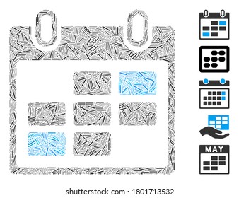 Line Mosaic based on calendar days icon. Mosaic vector calendar days is formed with randomized line spots. Bonus icons are added.