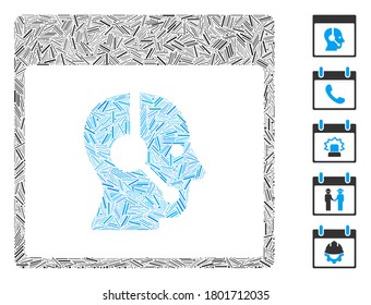 Line Mosaic based on call center operator calendar page icon. Mosaic vector call center operator calendar page is designed with scattered line elements. Bonus icons are added.