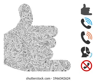 Line Mosaic basierend auf Call-Symbol. Mosaikvektoraufruf wird mit randomisierten Zeilenelementen erstellt. Bonussymbole werden hinzugefügt.
