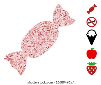 Line Mosaic based on candy icon. Mosaic vector candy is created with random line items. Bonus icons are added.