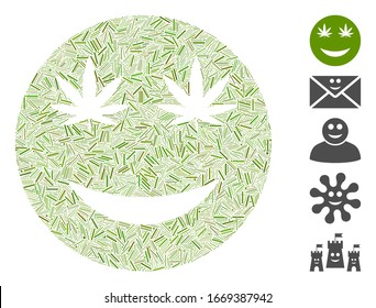 Línea Mosaica basada en el icono de sonrisa de cannabis. La sonrisa de cannabis vector mosaico se crea con puntos de línea aleatoria. Se agregan iconos de bonificación.
