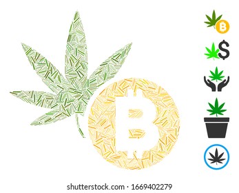 Line Mosaic based on cannabis Bitcoin icon. Mosaic vector cannabis Bitcoin is created with random line dots. Bonus icons are added.