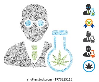 Line Mosaic based on cannabis chemist icon. Mosaic vector cannabis chemist is composed with random line items. Bonus icons are added.