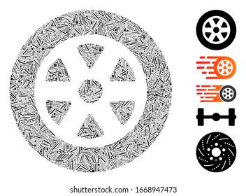 Mosaico de línea basado en el icono de la rueda de camión. La rueda de camión vectorial mosaico se crea con elementos de guión dispersos. Se agregan iconos de bonificación.