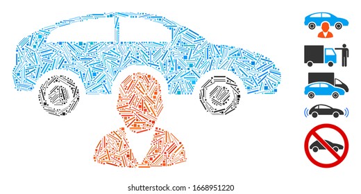 Line Mosaic based on car owner icon. Mosaic vector car owner is formed with random dash spots. Bonus icons are added.