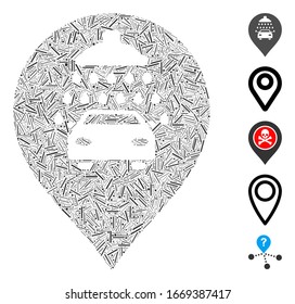 Line Mosaic based on car shower marker icon. Mosaic vector car shower marker is formed with random line spots. Bonus icons are added.
